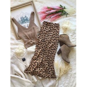 A New Day Sz S Leopard Animal Print Tan Brown Midi Skirt Western Boho